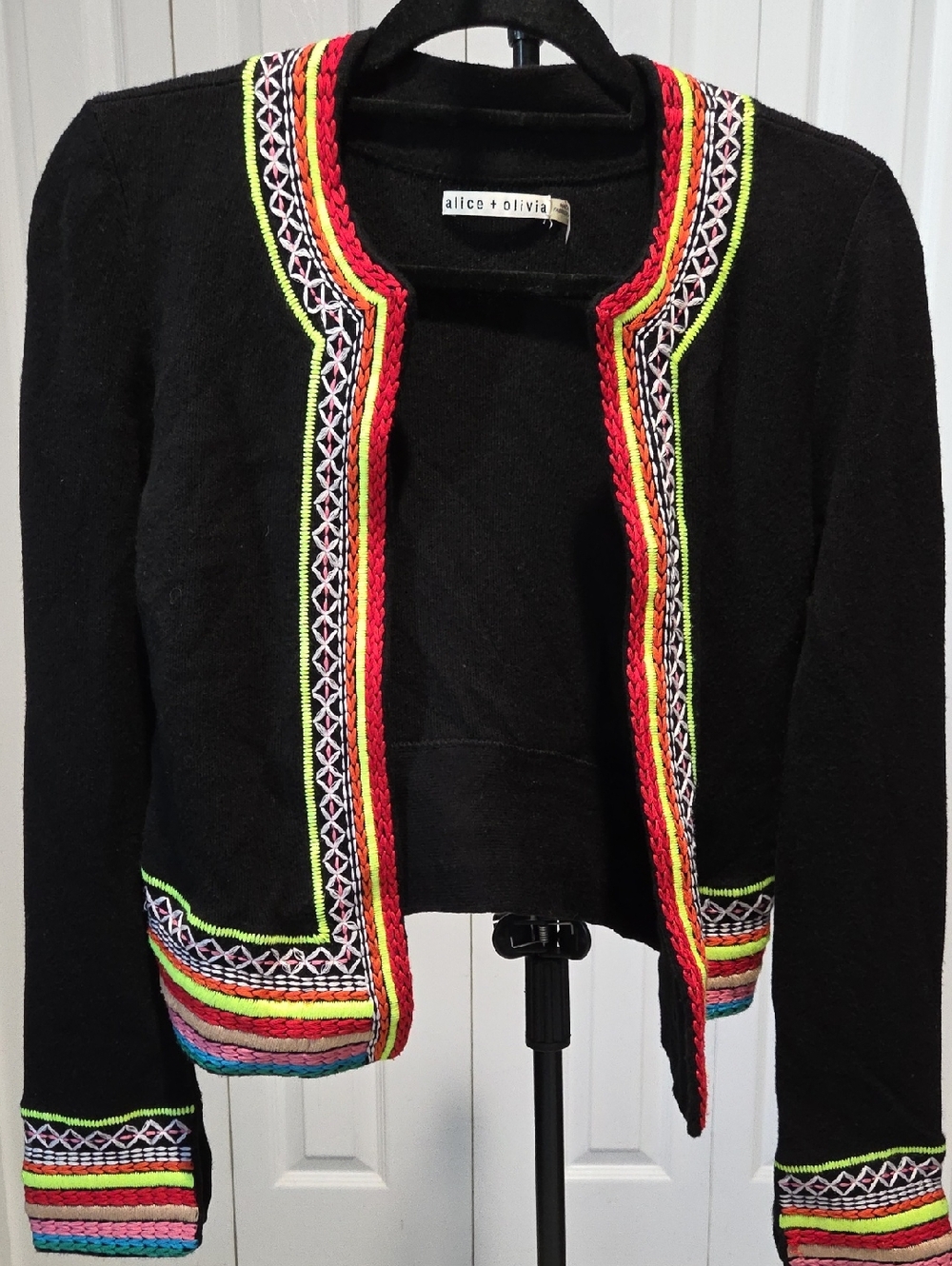 Sz S - Alice + Olivia Black Cropped Cardigan with Neon Embroidered Trim